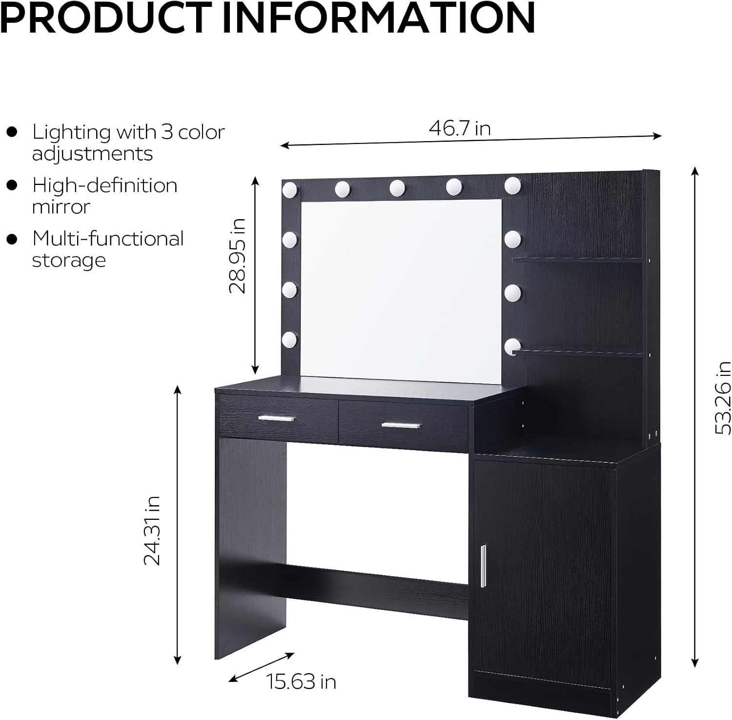 MIRROTOWEL 46.7' Vanity Desk with Mirror & LED Lights, Dressing Table with 2 Large Drawers & Vertical Organizer, 3-Tier Storage, 3 Adjustable Lighting Modes, Makeup Desk for Bedroom