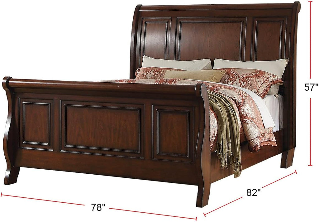 Pine Wood King Sleigh Bed, Cherry Brown