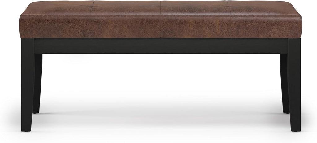 SIMPLIHOME Lacey Tufted Ottoman Bench - 41 inch Wide Upholstered Vegan Leather Rectangle Ottoman in Distressed Chestnut Brown, Contemporary Bench for Bedroom with Stitching Detail, Assembled