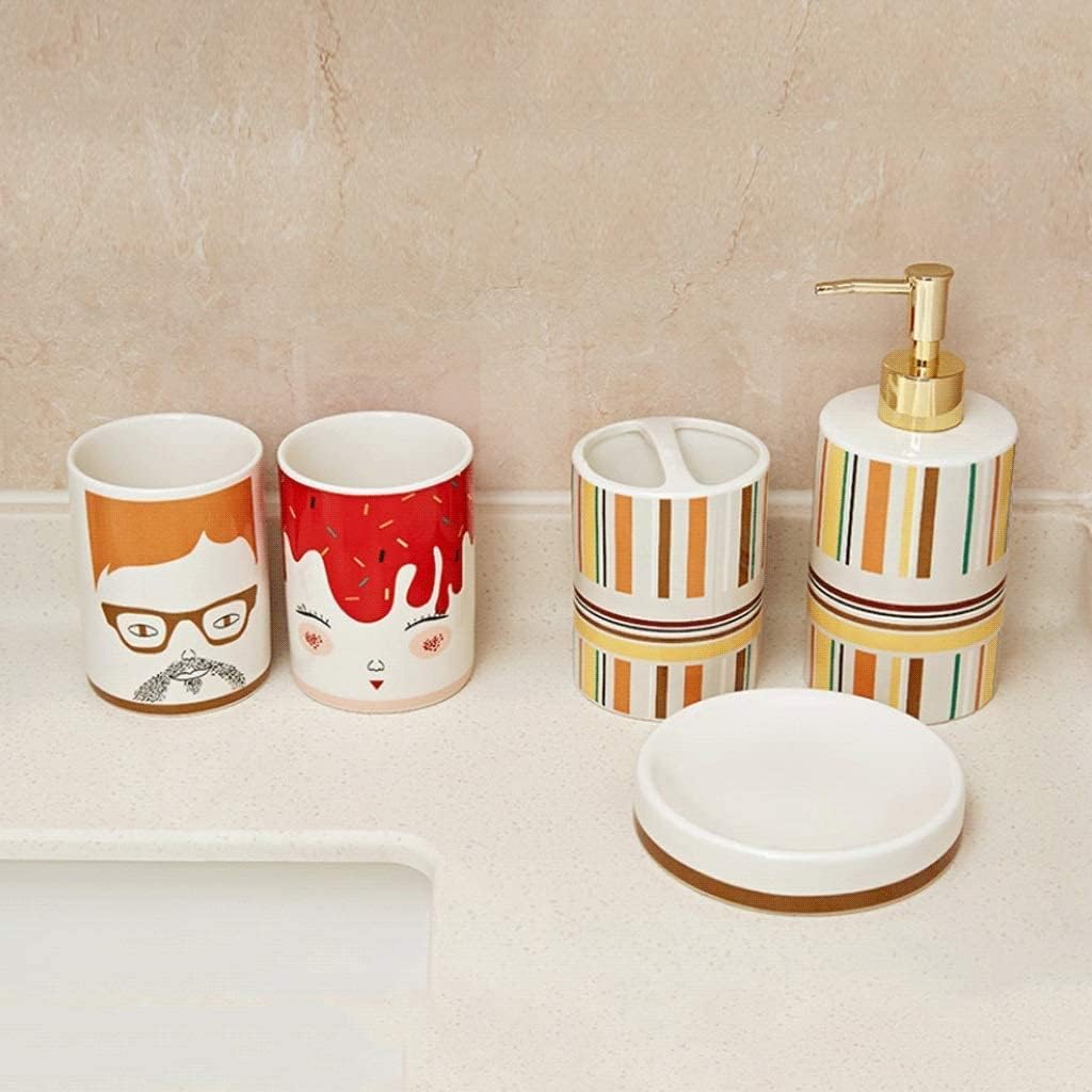 Vanity Bathroom Decor, Ceramic Bathroom Accessory Set 5 Pieces Soap Dispenser Toothbrush Holder Lotion Pump Bottle Housewarming Gift