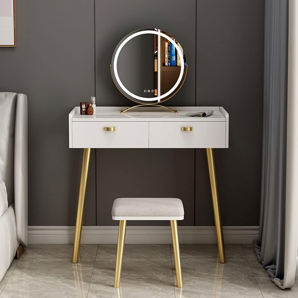 Vanity Benches Dressing Table Set Cosmetic Storage Table Bedroom Small Apartment Vanity Table with LED Round Mirror, Dressing Stool (Color : A)