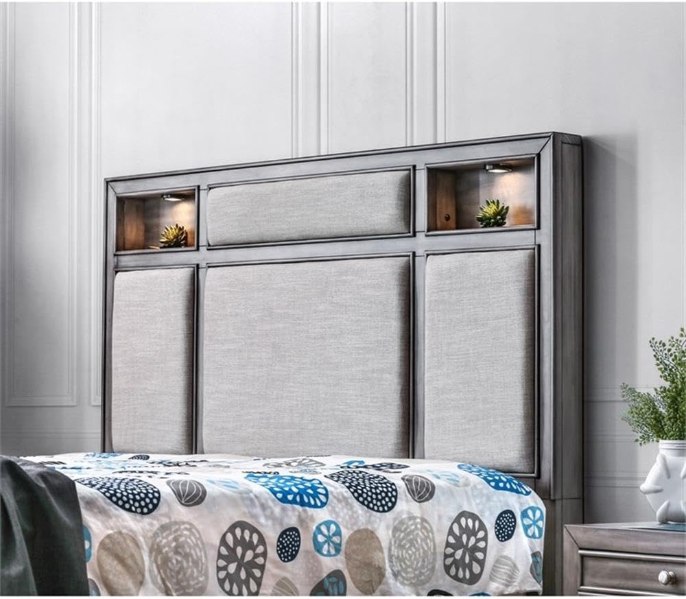 BOWERY HILL 2pc Solid Wood Bedroom Set, Gray Finish, Cal King Bed with LED Headboard and Fabric Padding, Nightstand with Hidden Drawer, Transitional Style Furniture for Master Bedroom