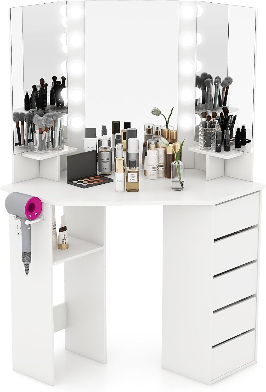 GOFLAME Corner Vanity with Mirror and Lights, Compact Vanity Table with Charging Station, 3 Lighting Modes, 5 Drawers, Dressing Table, Modern Makeup Vanity Desk with Triple Mirror for Bedroom (White)