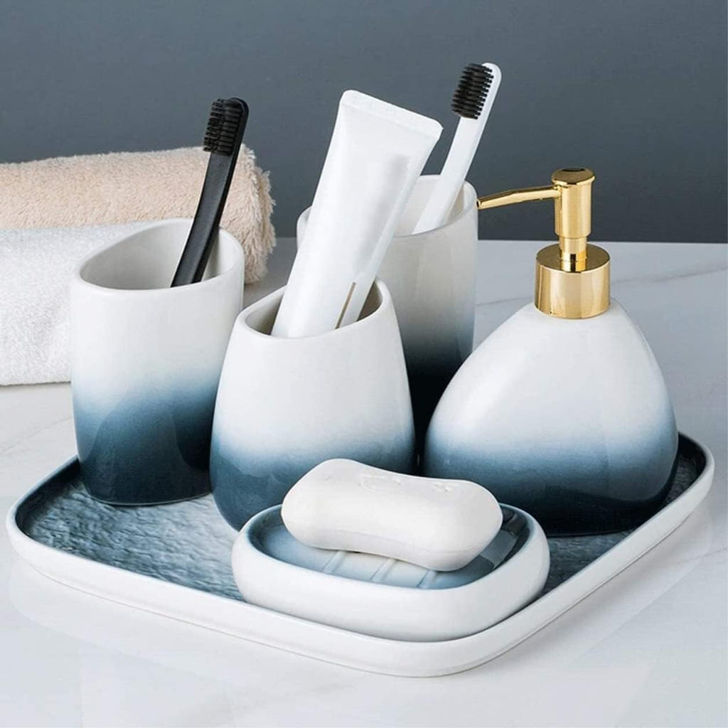 Vanity Bathroom Decor, Bathroom Accessory Set Gradient Blue 5 Piece Ceramic Soap Dispenser Retro Toothbrush Holder Lotion Bottle Housewarming Gift(B)