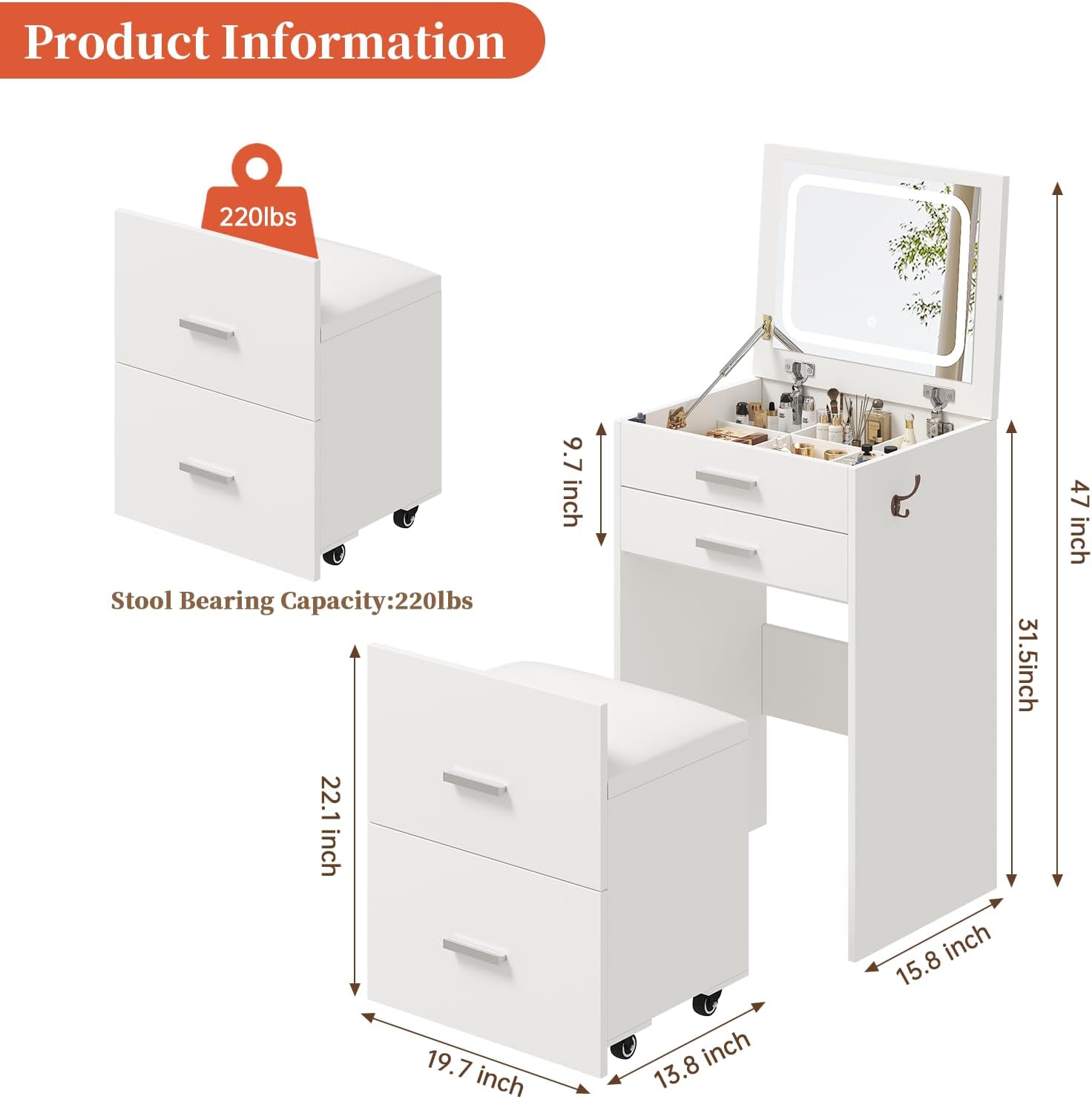 3 in 1 Vanity Desk with Flip Top Mirror, Compact Vanity with 3 Drawers, Makeup Desk with 3 Colors Lights and Storage Cushioned Stool, Dressing Table Nightstand Perfect for Bedroom, White