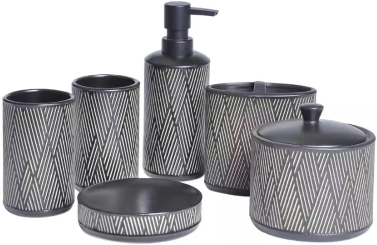 Vanity Bathroom Decor, 6pcs Bathroom Accessories Set Geometric Design Ceramic Bathroom Accessory Set with Soap Dispenser Housewarming Gift(Black)