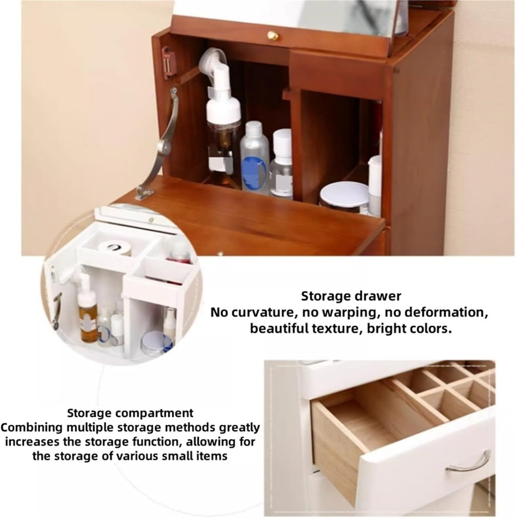 Moveable Vanity Desk with Mirror for Small Spaces Bathroom Storage Cabinet Wood Makeup Dressing Table with Drawers for Bedroom Small Corner Floor Cabinet,Ideal for Home