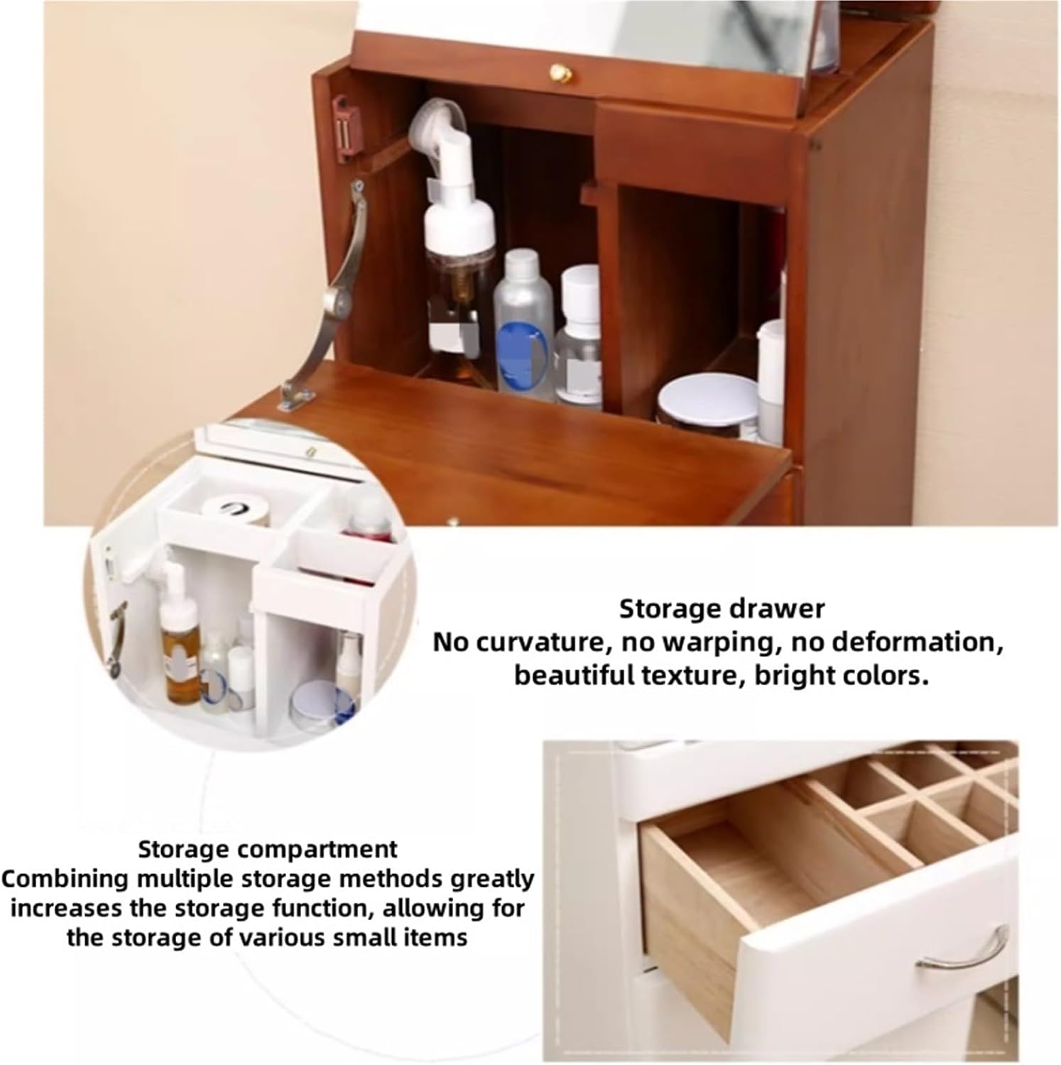 Moveable Vanity Desk with Mirror for Small Spaces Bathroom Storage Cabinet Wood Makeup Dressing Table with Drawers for Bedroom Small Corner Floor Cabinet,Ideal for Home