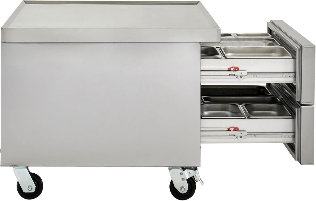 Kratos Commercial Refrigerator, 48' Wide Two Drawer Chef's Base, Refrigerated Mobile Equipment Stand for Restaurants, Stainless Steel, 115V, 9.6 Cubic Ft. Capacity (67K-315)