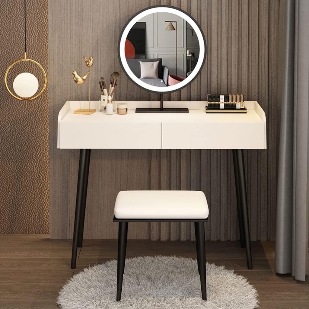 Vanity Benches Dresser Bedroom Modern Minimalist Makeup Table All-in-one Storage Cabinet with LED Round Mirror and Stool (Color : A)