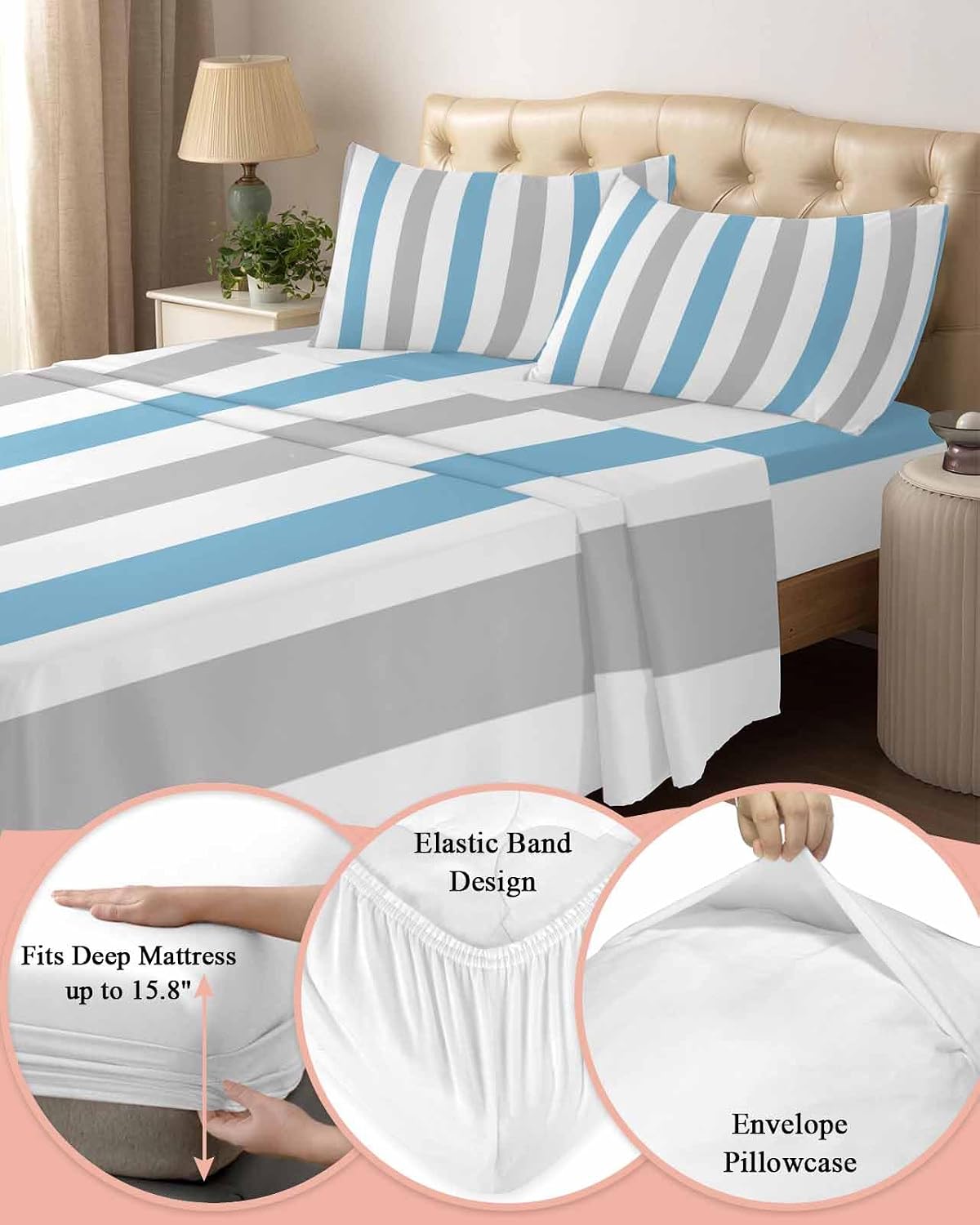 Blue Grey Striped King Sheet Set 4 Piece Bedding - Geometric Vertical Stripes Minimalist Breathable Comfy Cooling Bed Sheets & Pillowcase Sets,Hotel Luxury Flat Sheets Deep Pockets Fitted Sheet