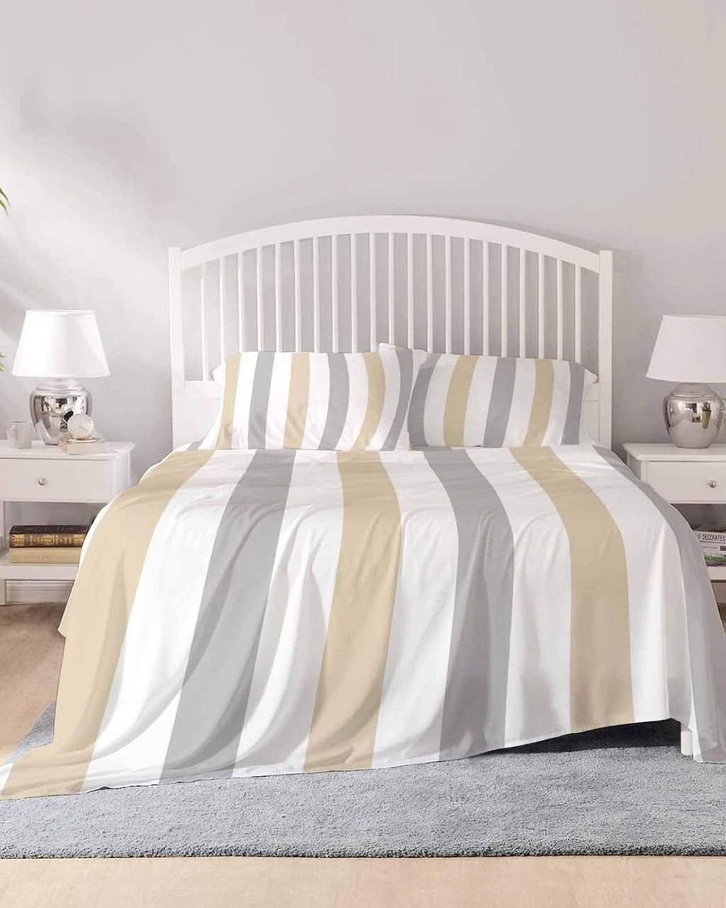 Beige Grey Striped King Sheet Set 4 Piece Bedding - Geometric Vertical Stripes White Breathable Comfy Cooling Bed Sheets & Pillowcase Sets,Hotel Luxury Flat Sheets Deep Pockets Fitted Sheet for Women