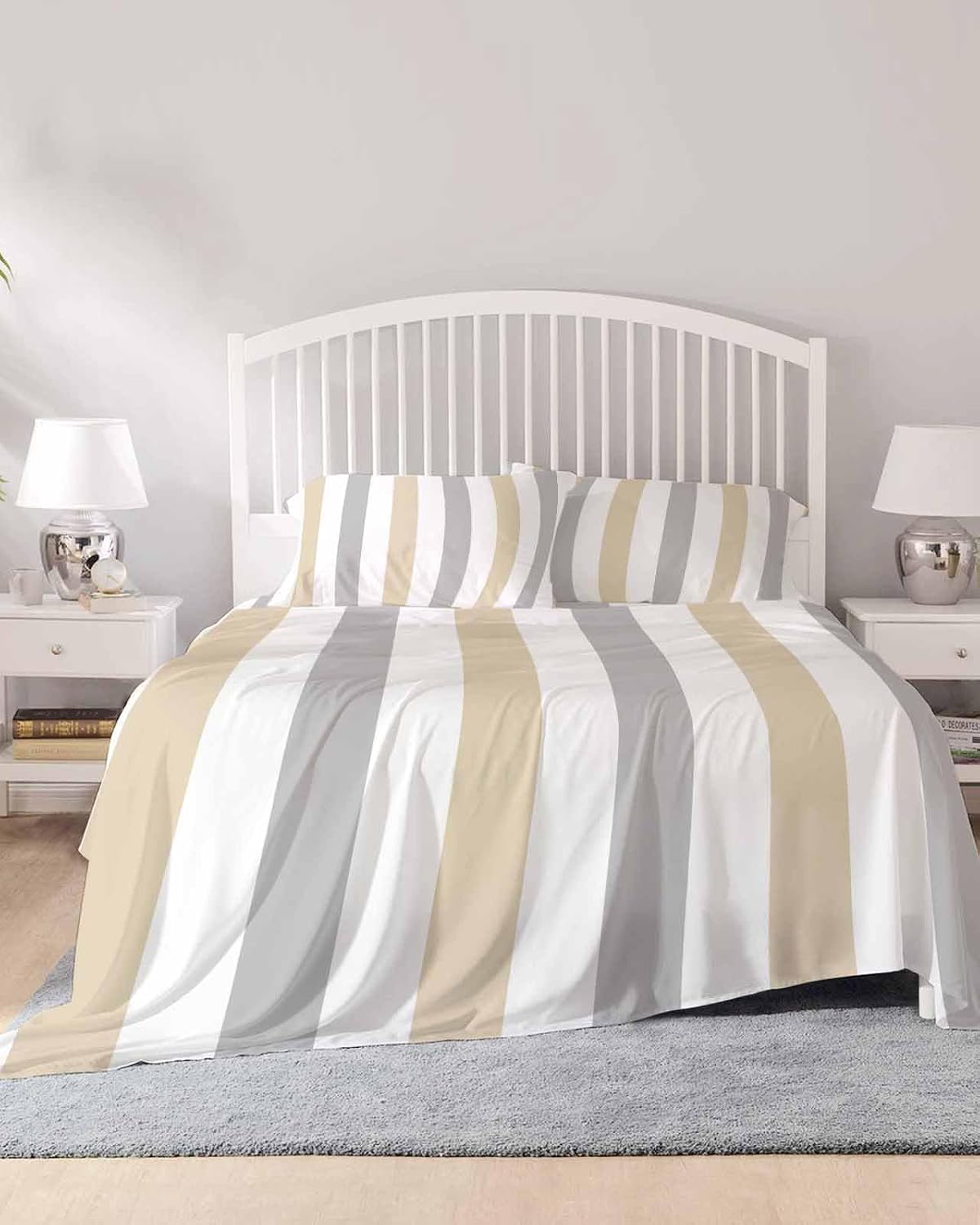 Beige Grey Striped King Sheet Set 4 Piece Bedding - Geometric Vertical Stripes White Breathable Comfy Cooling Bed Sheets & Pillowcase Sets,Hotel Luxury Flat Sheets Deep Pockets Fitted Sheet for Women