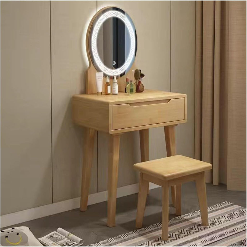 Makeup Desk，Dressing Table Set，Cabinets Vanity Table for Storing Items，with Mirror and Drawers Vanity Table Makeup Desk，Convient Pour La Chambre Et Le Salon.(Wood,with Light_60CM)