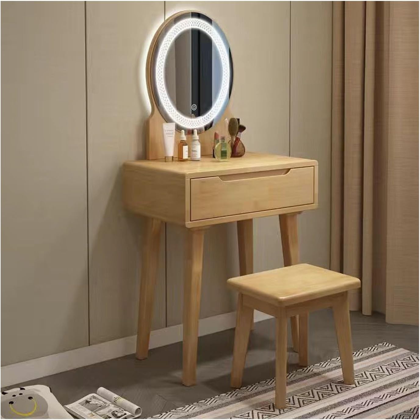 Makeup Desk，Dressing Table Set，Cabinets Vanity Table for Storing Items，with Mirror and Drawers Vanity Table Makeup Desk，Convient Pour La Chambre Et Le Salon.(Wood,with Light_60CM)