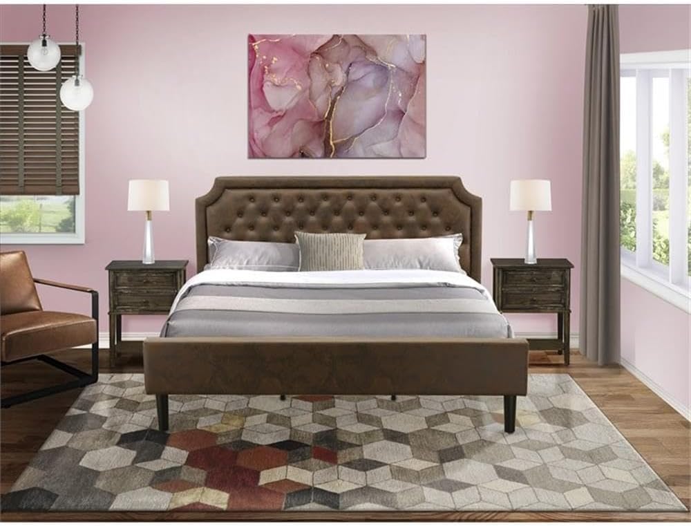 Pemberly Row 3-Piece King Bedroom Set, Engineered Wood and Faux Leather, Jacobean/Brown Finish, Includes Upholstered Platform Bed Frame and 2 Nightstands, Solid Wood Slats, Mid-Century Modern Style