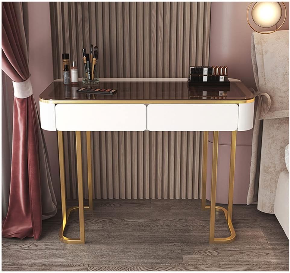Vanity Benches Dresser Set Bedroom Modern Dresser Simple Small Apartment Dresser with LED Round Mirror, Stool, Two Drawers (Color : A)