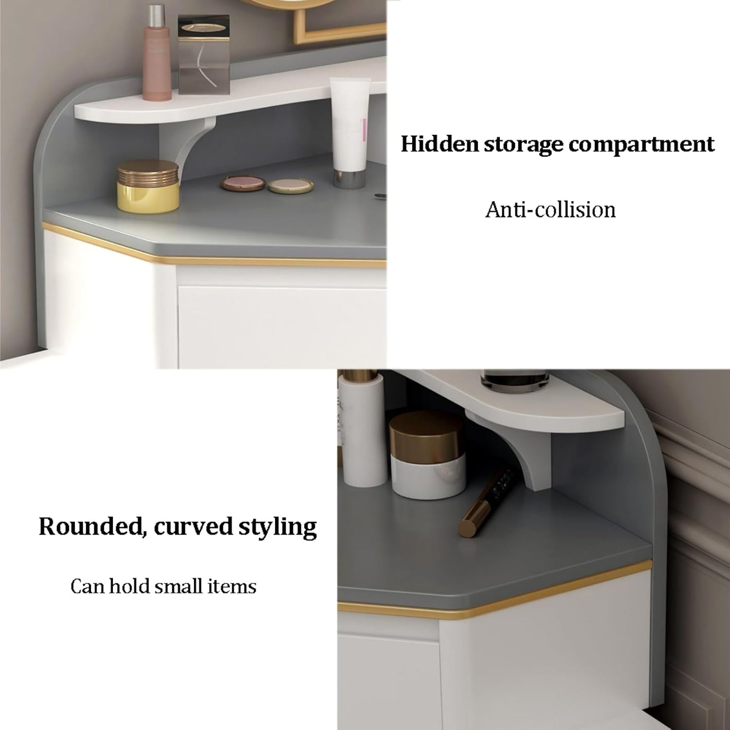 Corner Makeup Vanity Desk, Modern Vanity Table with 2 USB Ports, 2-Drawer Dressing Table, L-Shaped Vanity Tables, Solid Wood Writing Desk for Small Places (Gray)