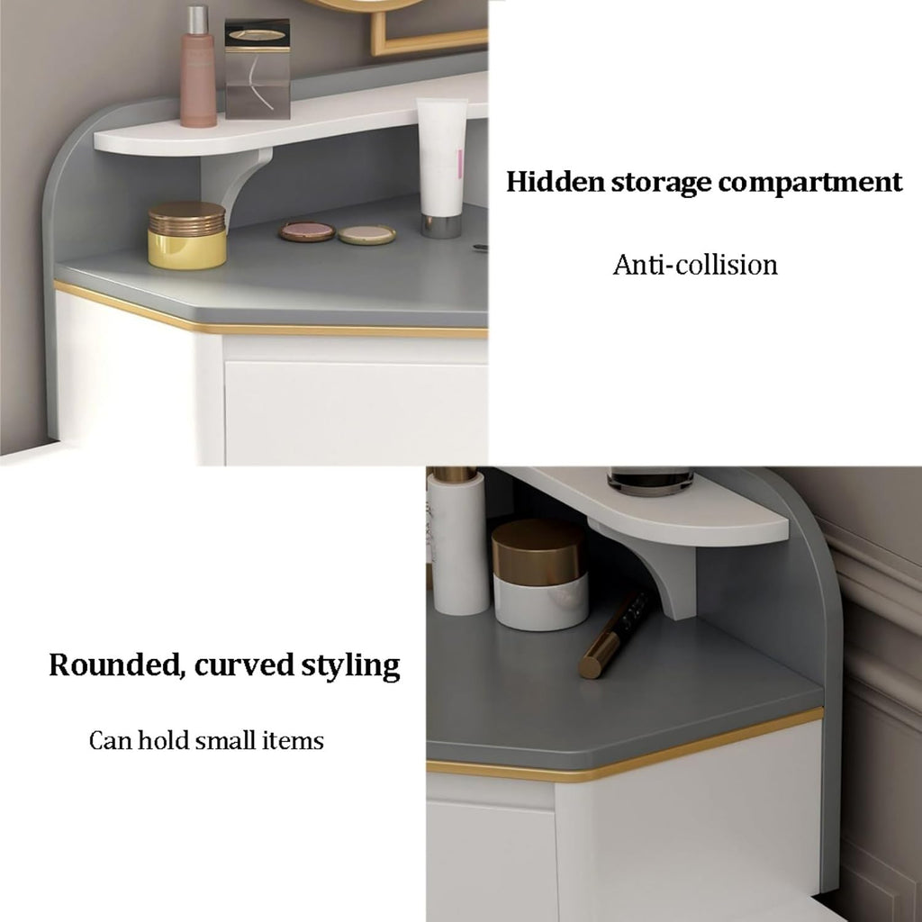 Corner Vanity Desk, Modern L-Shaped Vanity Table,Storage Trunks with USB Ports and Drawers, Compact Dressing Table for Bedroom Beauty Salon, Nail Salon (Gray)(Medium)