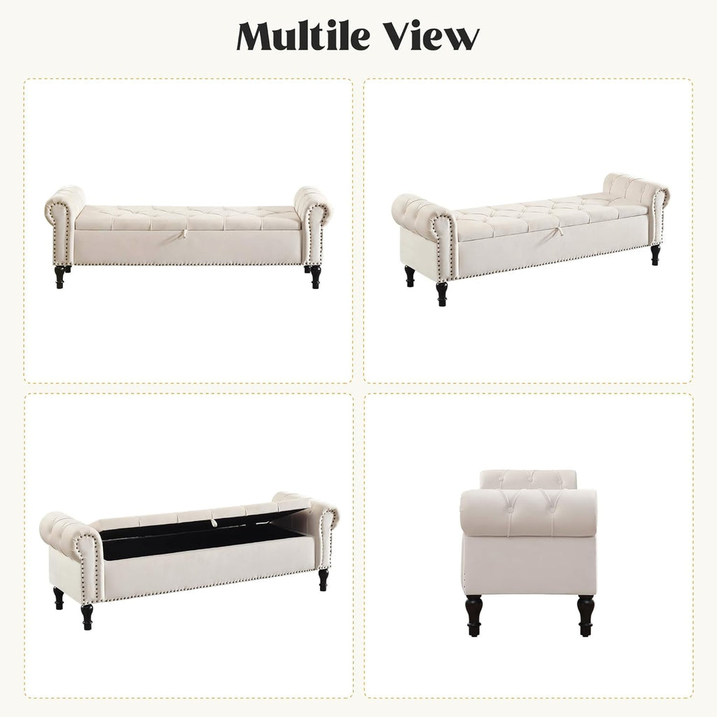 Storage Bed Bench for Bedroom, Velvet 67' End of Bed Benches, King Size Bench with Armrest, Tufted Button Upholstered Ottoman Bench for Living Room, Entryway, Cream Beige