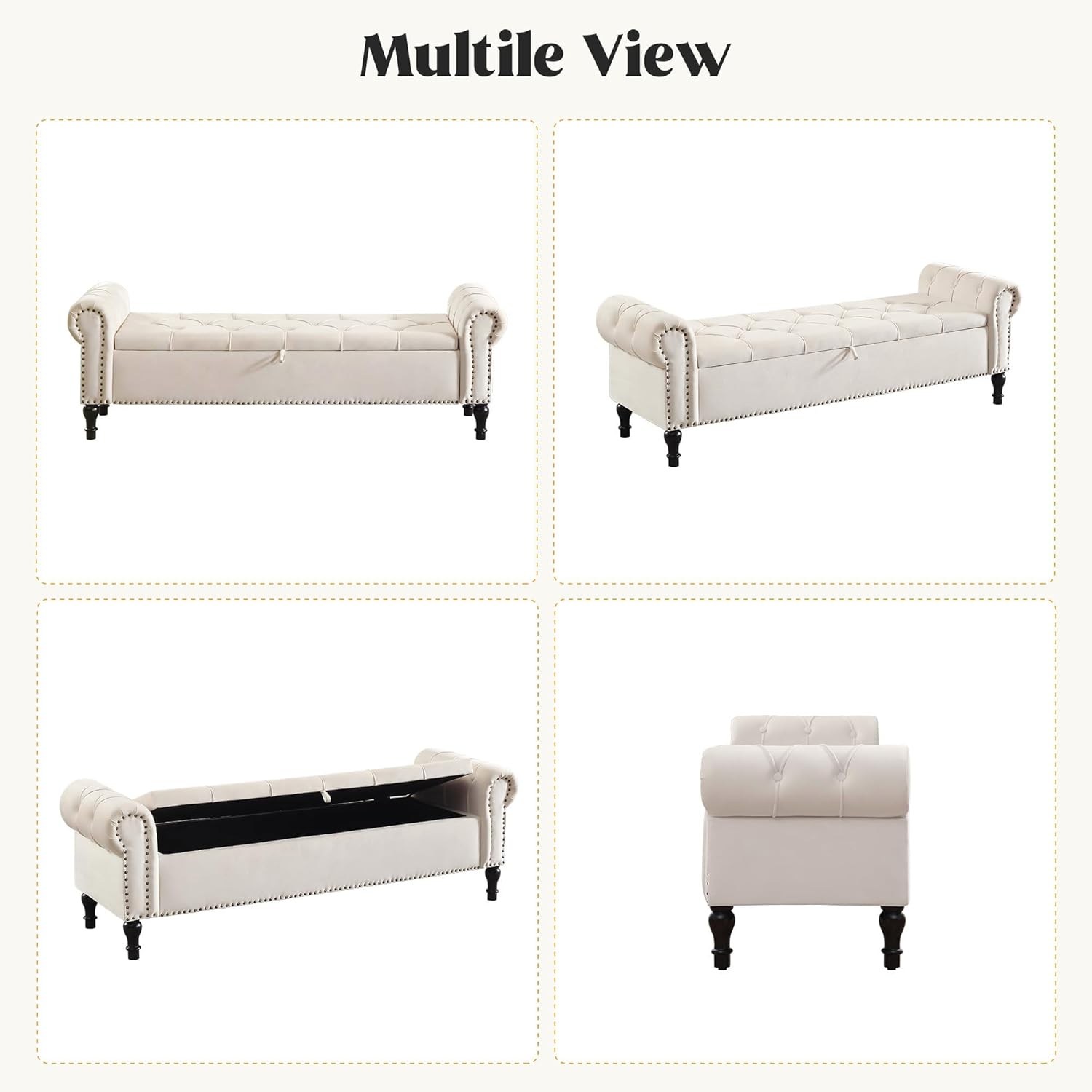 Storage Bed Bench for Bedroom, Velvet 67' End of Bed Benches, King Size Bench with Armrest, Tufted Button Upholstered Ottoman Bench for Living Room, Entryway, Cream Beige