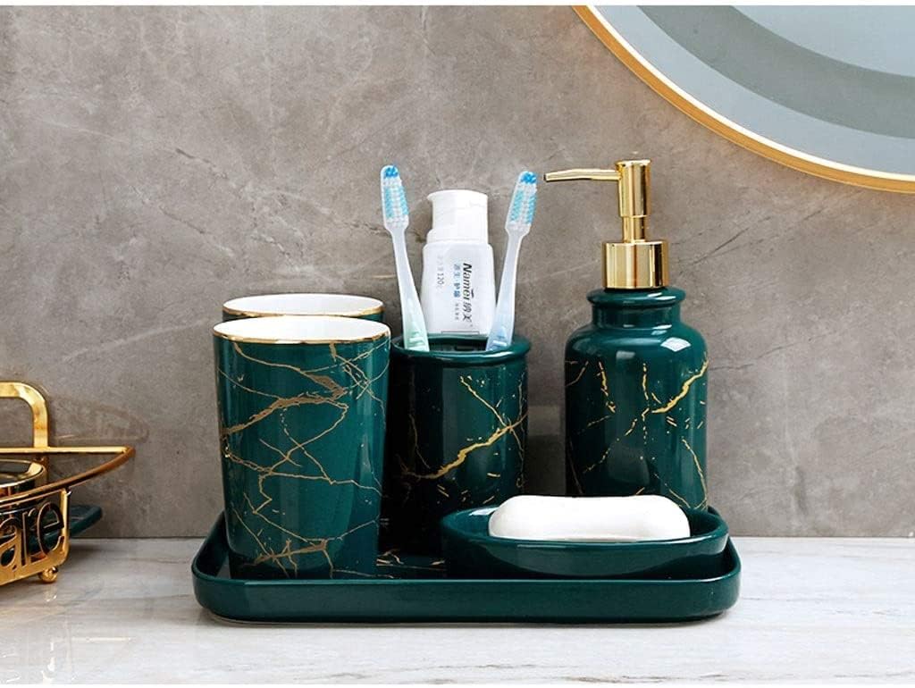Vanity Bathroom Decor, Nordic Ceramics Bathroom Accessories Set Imitation Marble Toothbrush Holder Soap Dispenser Cup Soap Dish Housewarming Gift(Green,6pcs)