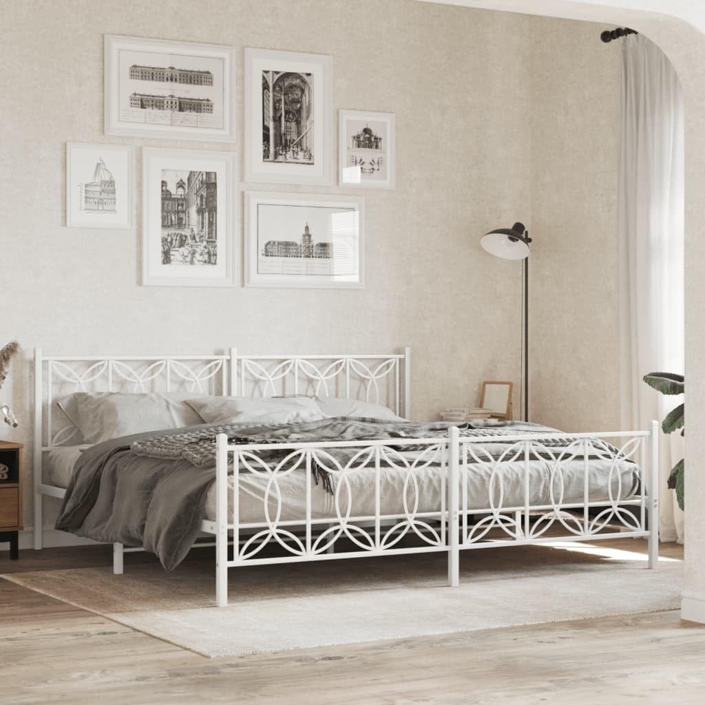 Metal Platform Bed Frame with Footboard White 76'x79.9' King Size Steel Frame Sturdy Bedframe with Underbed Storage Space for Bedroom Furniture