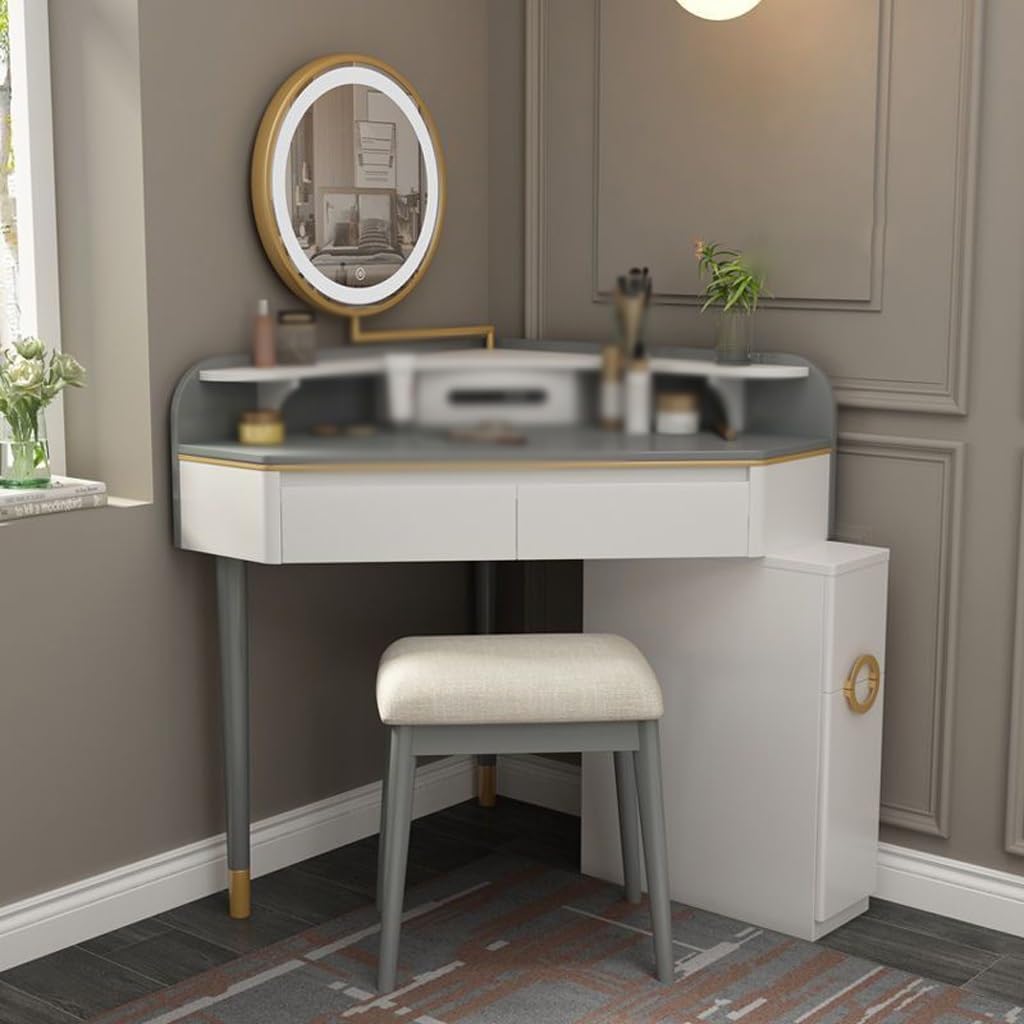 Makeup Table Vanity Dressing Table, Corner Bedroom Dressing Table, Light Luxury Lighted Mirror, Triangular Dressing Table Vanity Desk