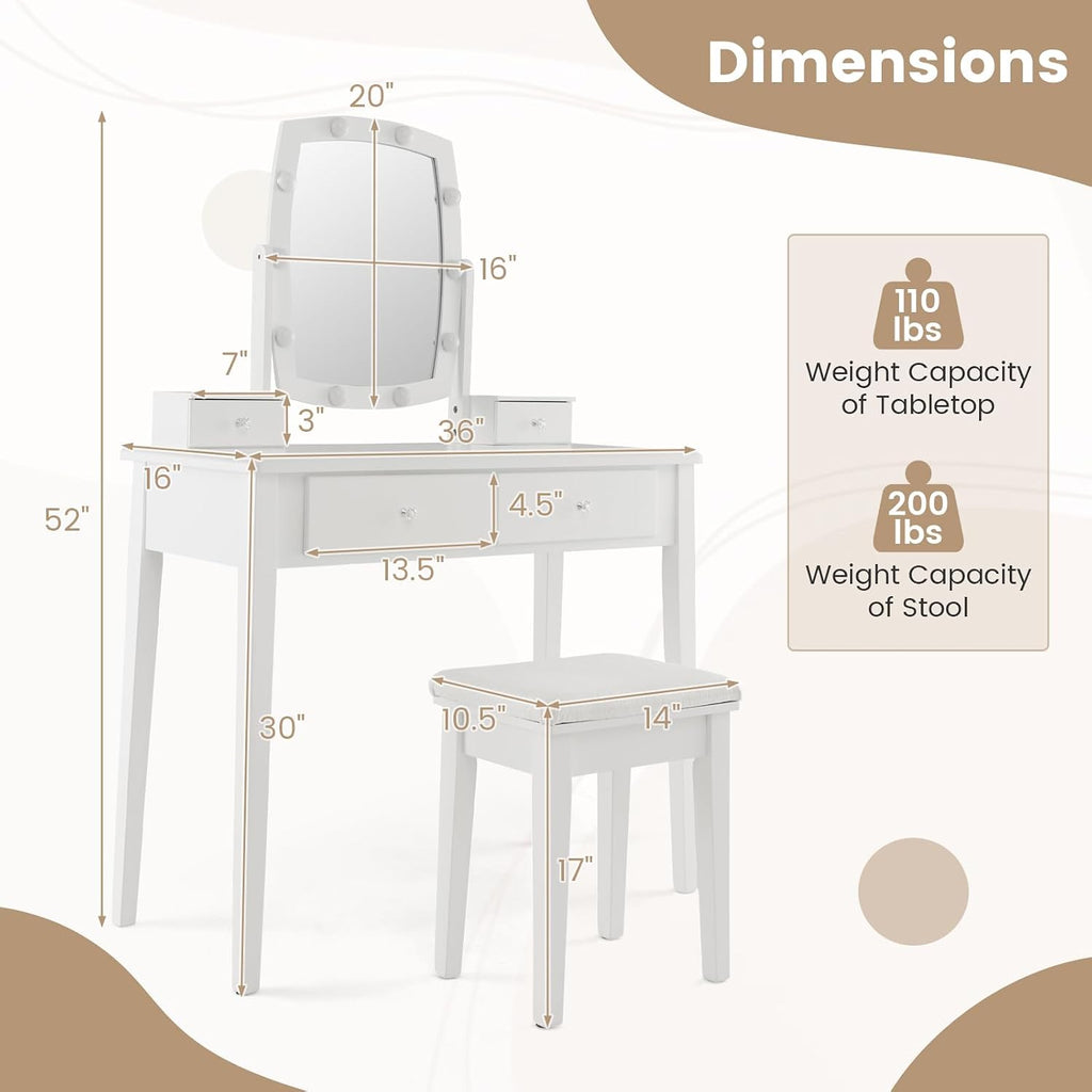 GOFLAME Vanity Table Set with Rotatable Lighted Mirror, 3-in-1 LED Lights, 4 Drawers, Dressing Table with Cushioned Stool for Bedroom (White)