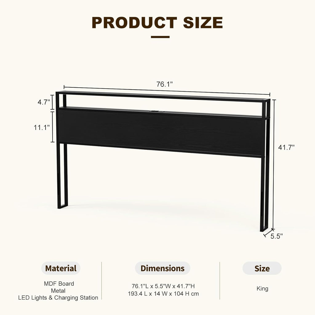King Size Storage Headboard with Charging Station - 2 Outlets & 2 USB Ports - Farmhouse LED Lights Storage Shelf, Metal and Wood King Headboard, Attach Frame - Black