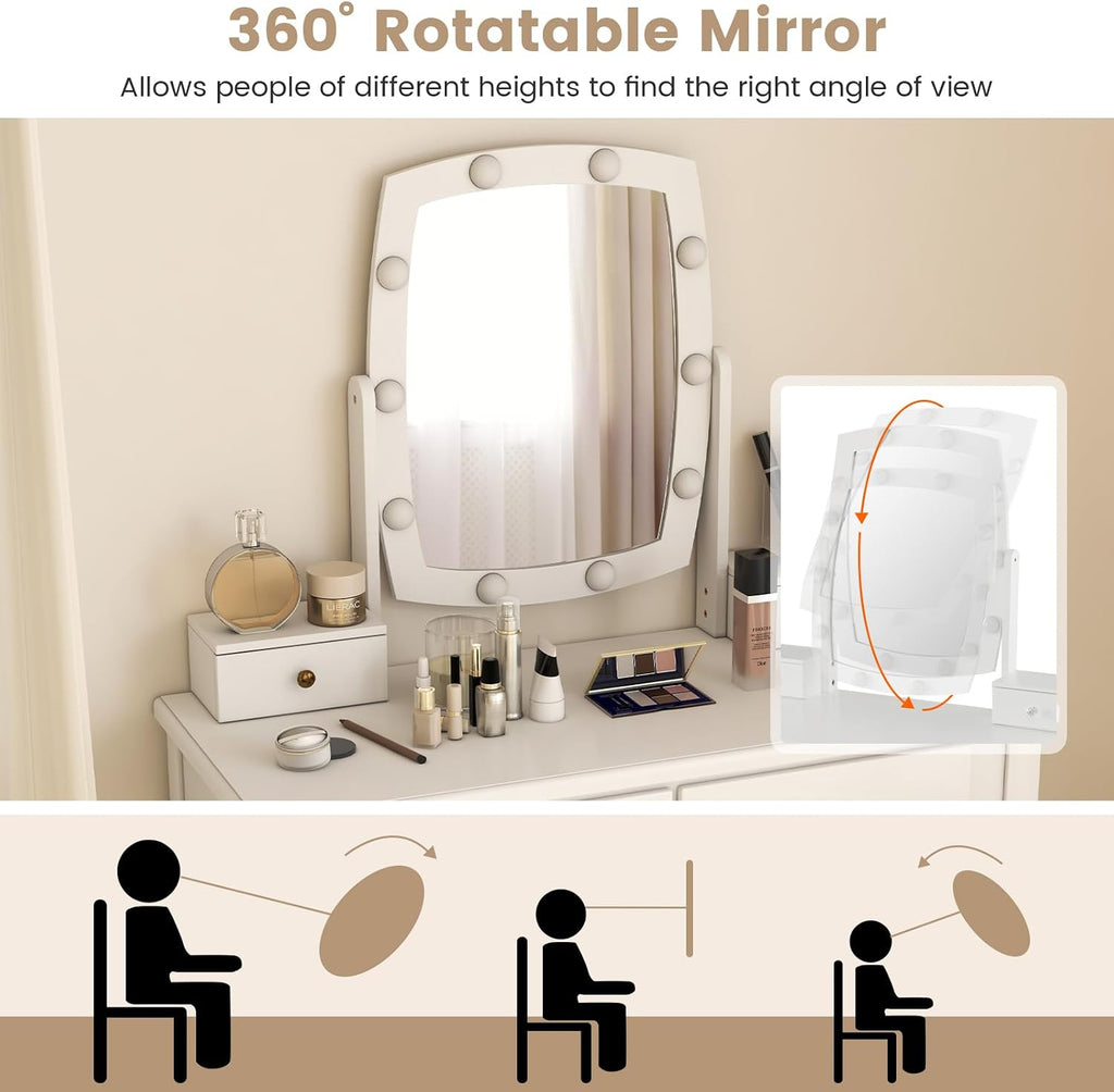 GOFLAME Vanity Table Set with Rotatable Lighted Mirror, 3-in-1 LED Lights, 4 Drawers, Dressing Table with Cushioned Stool for Bedroom (White)