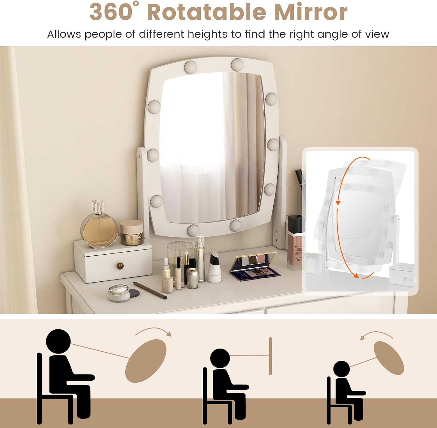GOFLAME Vanity Table Set with Rotatable Lighted Mirror, 3-in-1 LED Lights, 4 Drawers, Dressing Table with Cushioned Stool for Bedroom (White)