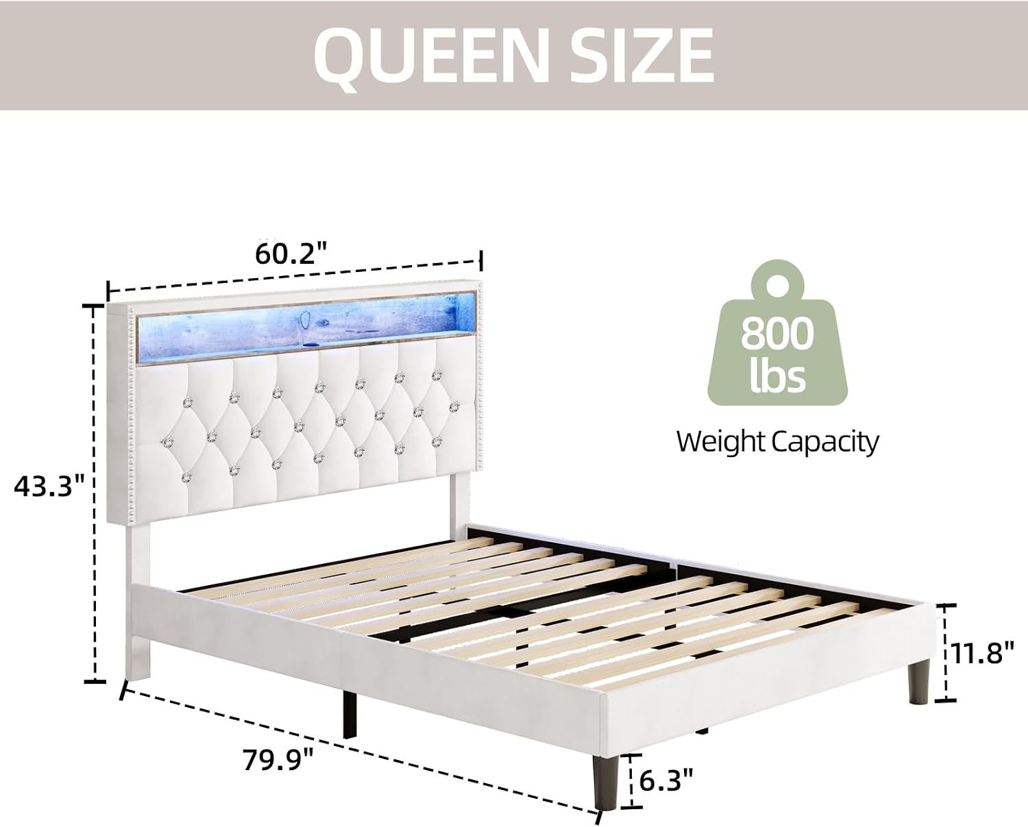 HOMBCK Bed Frame Queen Size with Headboard, Velvet Upholstered Queen LED Bed Frame with Charging Station and Storage, Modern Diamond and Rivet Design, No Box Spring Needed, Easy Assembly, Beige