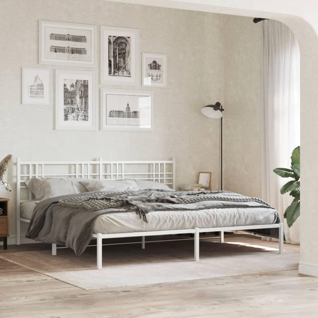 Metal Bed Frame with Headboard King Size White 76'x79.9' Sturdy Steel Platform Bed Frame for Bedroom Furniture, Heavy Duty Support & Underbed Storage Space