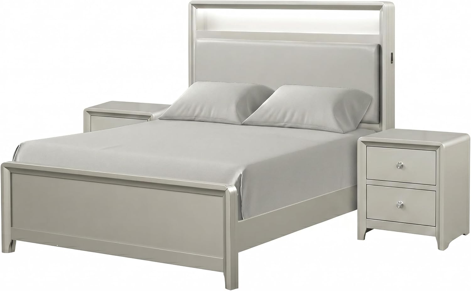 Furniture of America Standin Modern Solid Wood 3-Piece Bedroom Set with LED on Bookcase Headboard, USB-A and USB-C on Both Sides, Brushed Nickel Finish, Box Spring Needed, King, Champagne