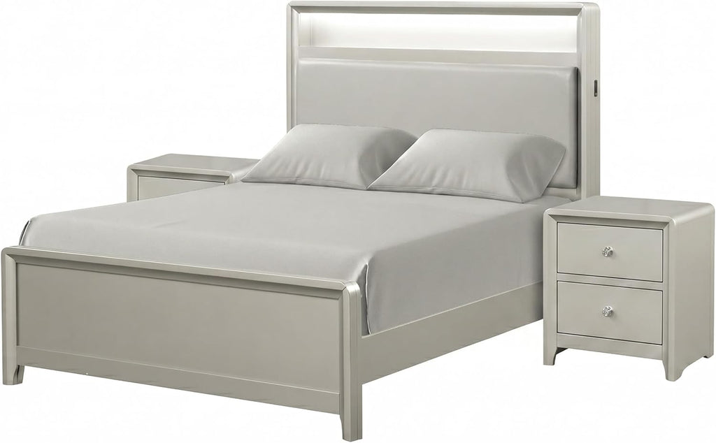Furniture of America Standin Modern Wood 3-Piece Bedroom Set with LED on Bookcase Headboard, USB-A and USB-C on Both Sides, Brushed Nickel Finish, Box Spring Needed, Queen, Champagne