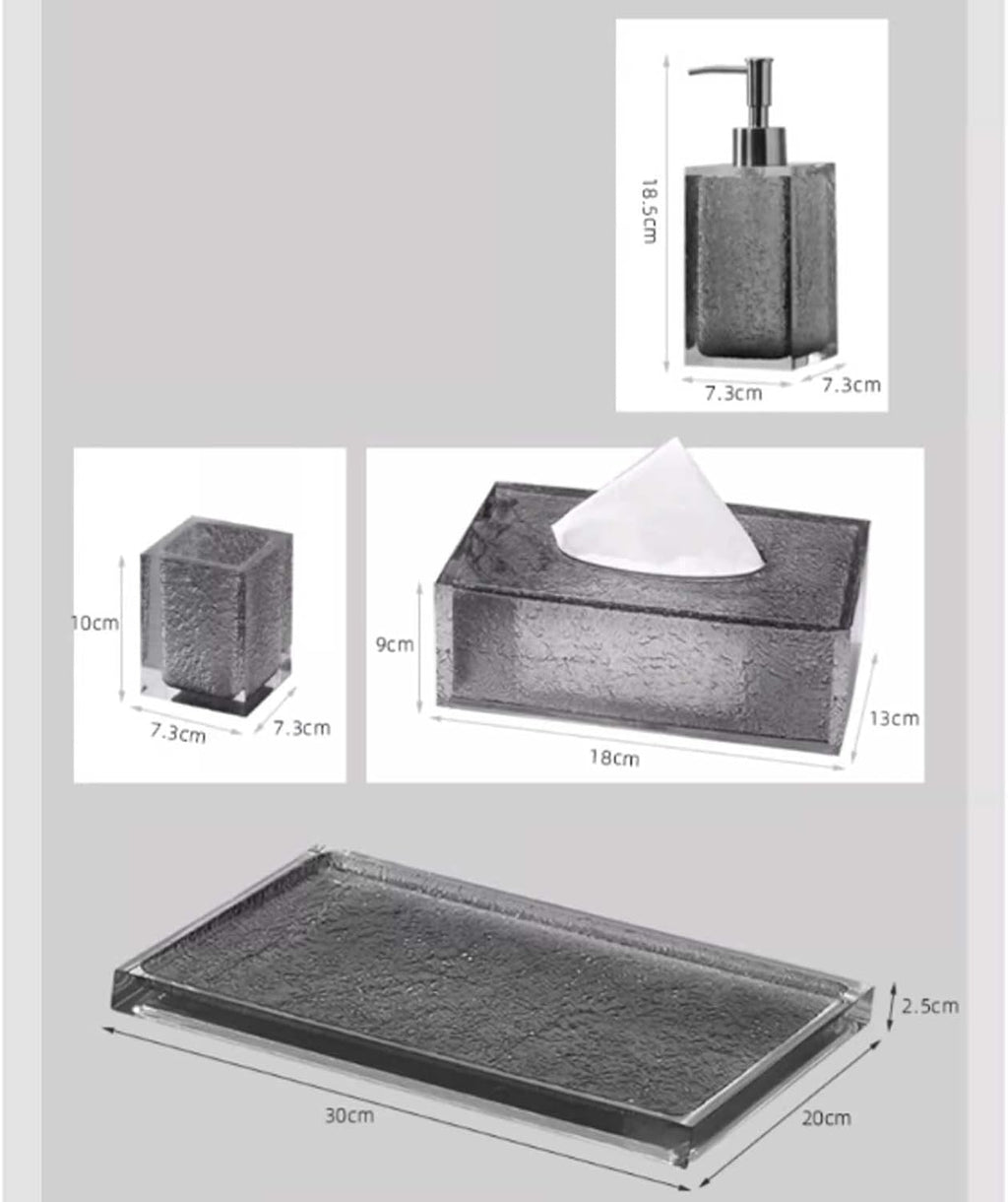 Beautiful Black Translucent Resin Bathroom Accessory Set, 4 Pieces Accessories Complete Vanity Countertop, Includes Soap Dispenser, Cup, Tissue Box and Tray Bathroom Decor