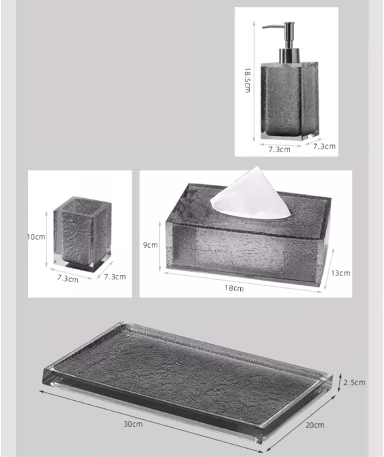 Beautiful Black Translucent Resin Bathroom Accessory Set, 4 Pieces Accessories Complete Vanity Countertop, Includes Soap Dispenser, Cup, Tissue Box and Tray Bathroom Decor
