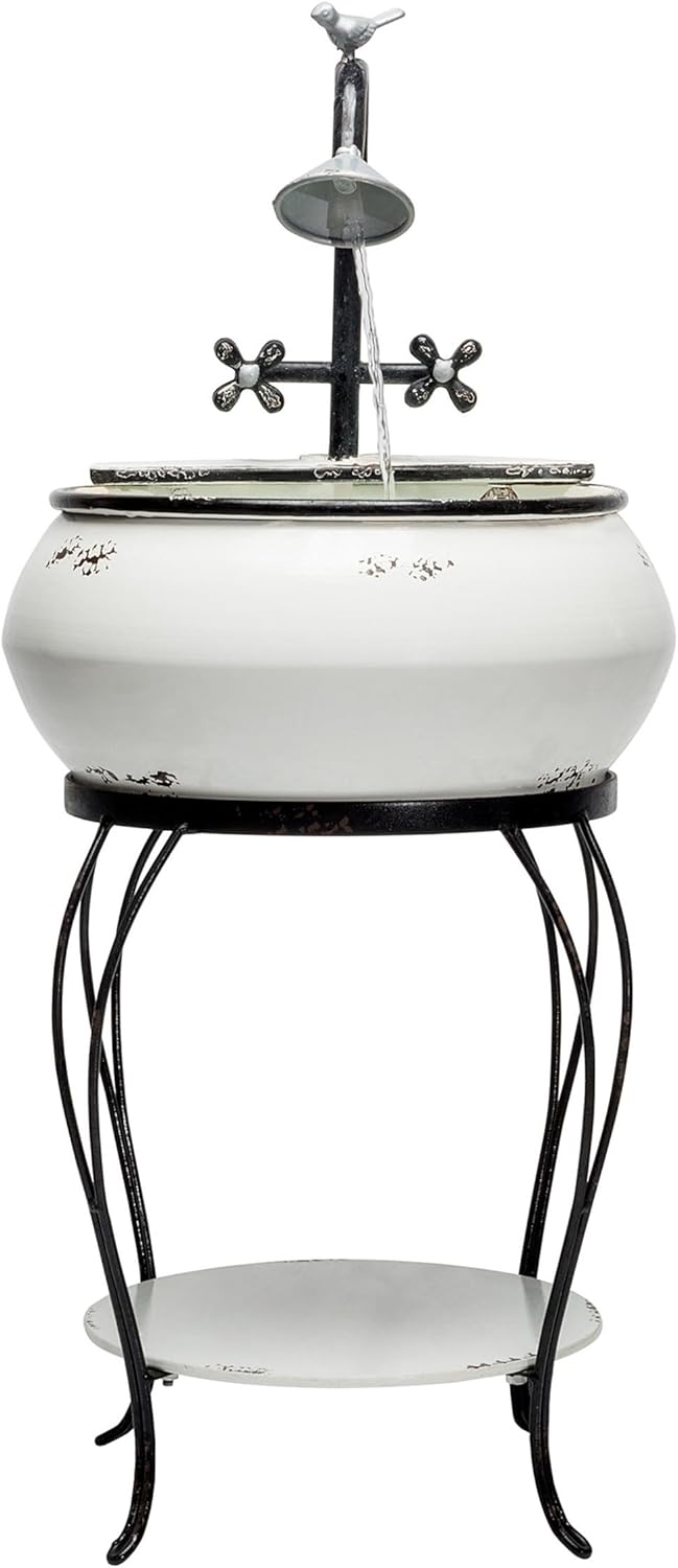 Alpine Corporation YHL170 32' Indoor/Outdoor Antique Metal Sink Water Fountain with Stand – Charming Waterfall Feature for Garden, Patio & Home Decor, White