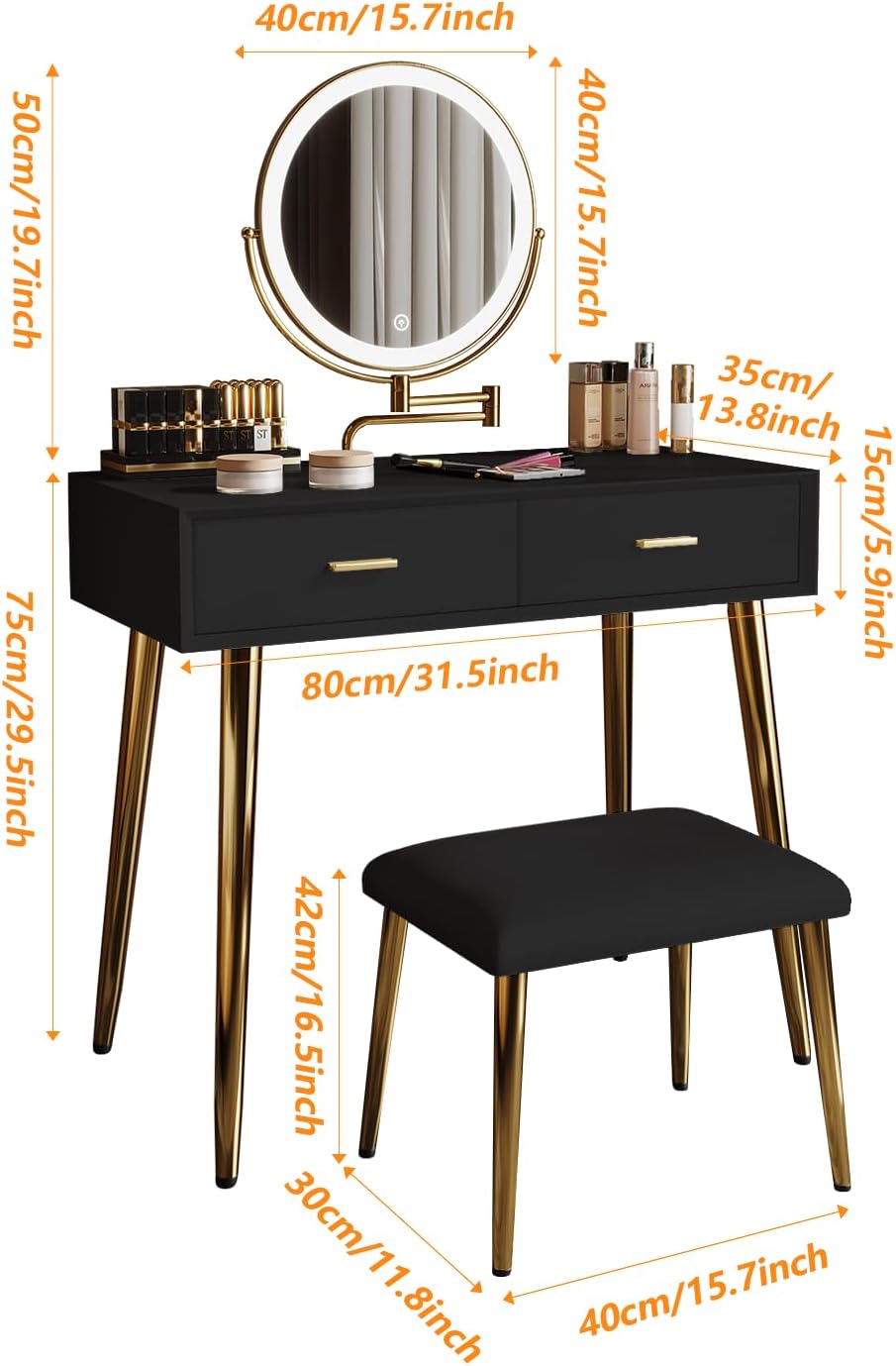 Vanity Desk with Adjustable Mirror and Lights, Makeup Vanity with 2 Drawers and Chair, Small Dressing Table with Leather Surface for Bedroom, 3 Lighting Modes (Black)