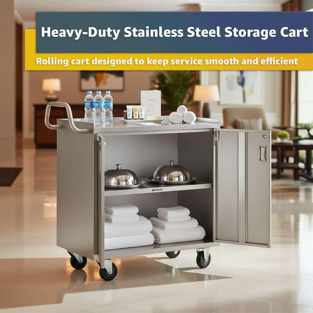 18' x 30' Stainless Steel Utility Cart with Enclosed Base and Locking Doors - Commercial NSF 3 Shelf Service Cart, Heavy-Duty Mobile Storage Cabinet for Kitchen, Catering, Restaurant Storage