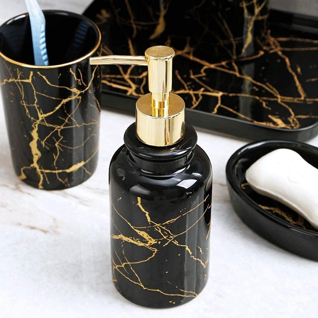 Vanity Bathroom Decor, Nordic Ceramics Bathroom Accessories Set Imitation Marble Toothbrush Holder Soap Dispenser Cup Soap Dish Housewarming Gift(Black,6pcs)