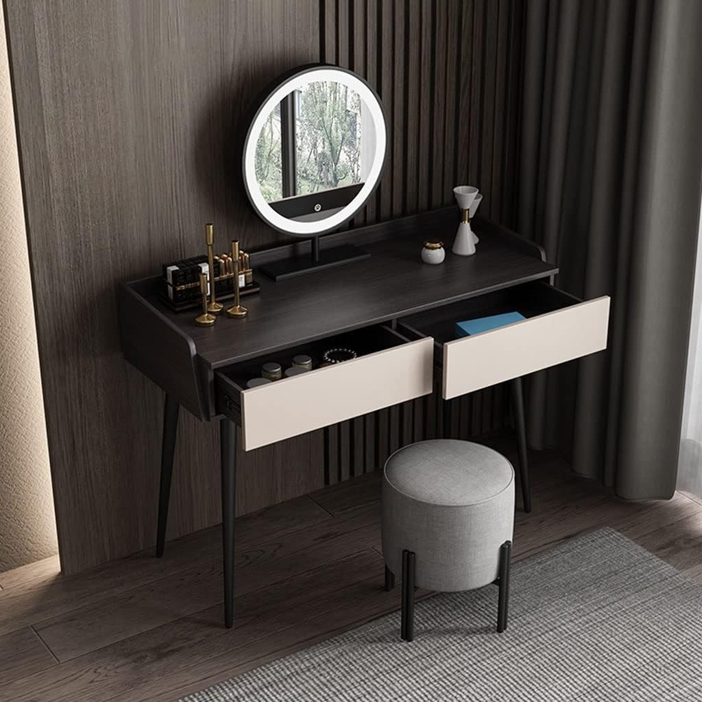 Vanity Benches Modern Bedroom Dresser Minimalist Small Unit Dresser Bedroom Vanity Desk with Two Drawers, One Stool and LED Mirror (Color : A)