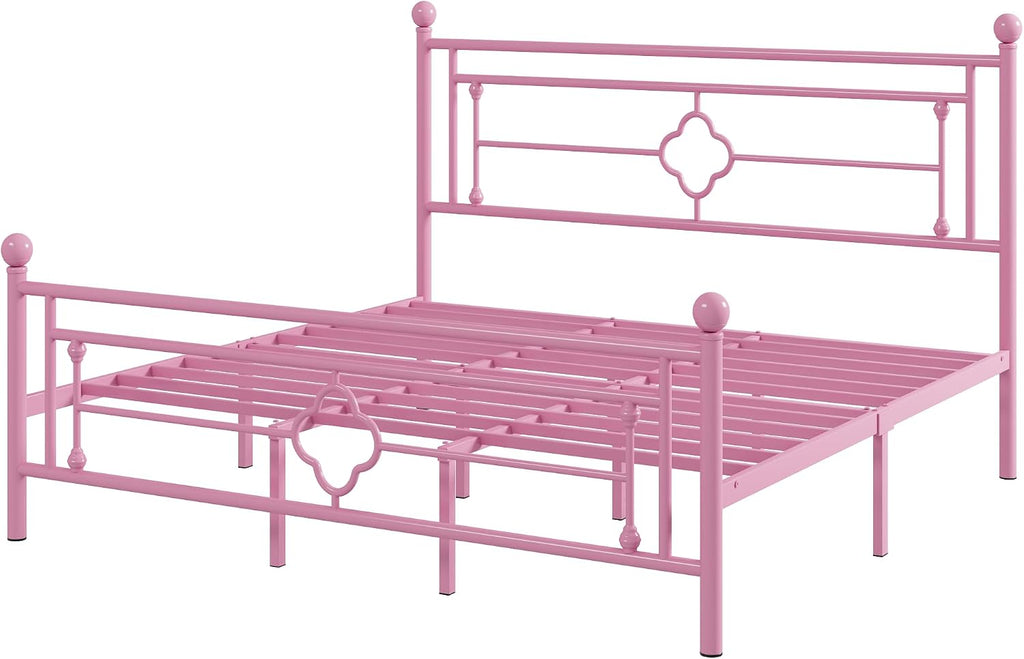 Allewie King Size Metal Platform Bed Frame with Victorian Vintage Headboard and Footboard/Mattress Foundation/Under Bed Storage/No Box Spring Needed/Noise-Free/Easy Assembly, Pink