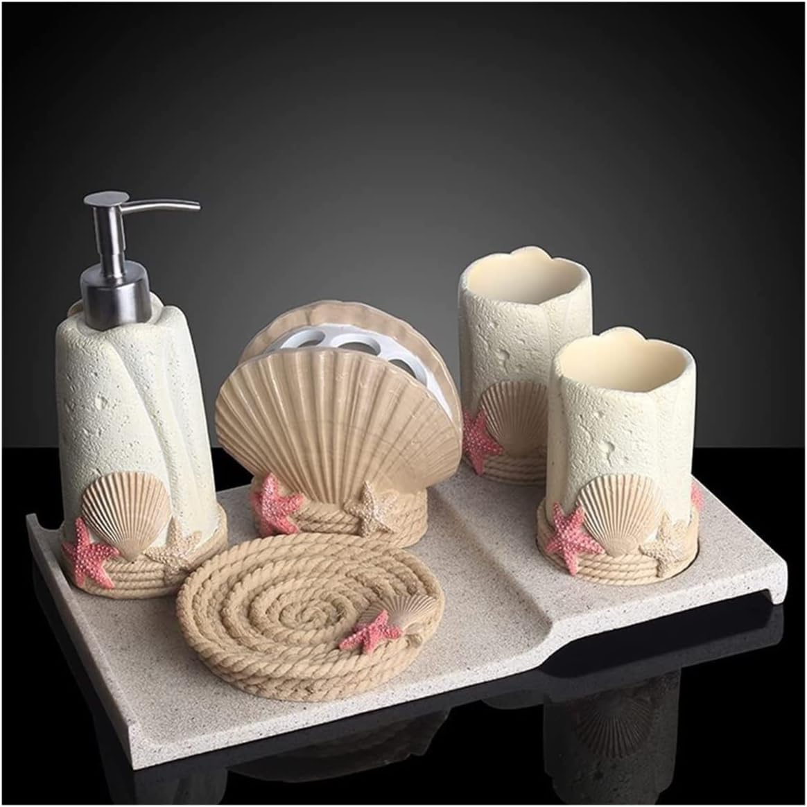 Vanity Bathroom Decor, Bathroom Set Creative Beach Shells Resin Bathroom Accessories Set for Bath Decor Housewarming Gift Bath Set Housewarming Gift(B)