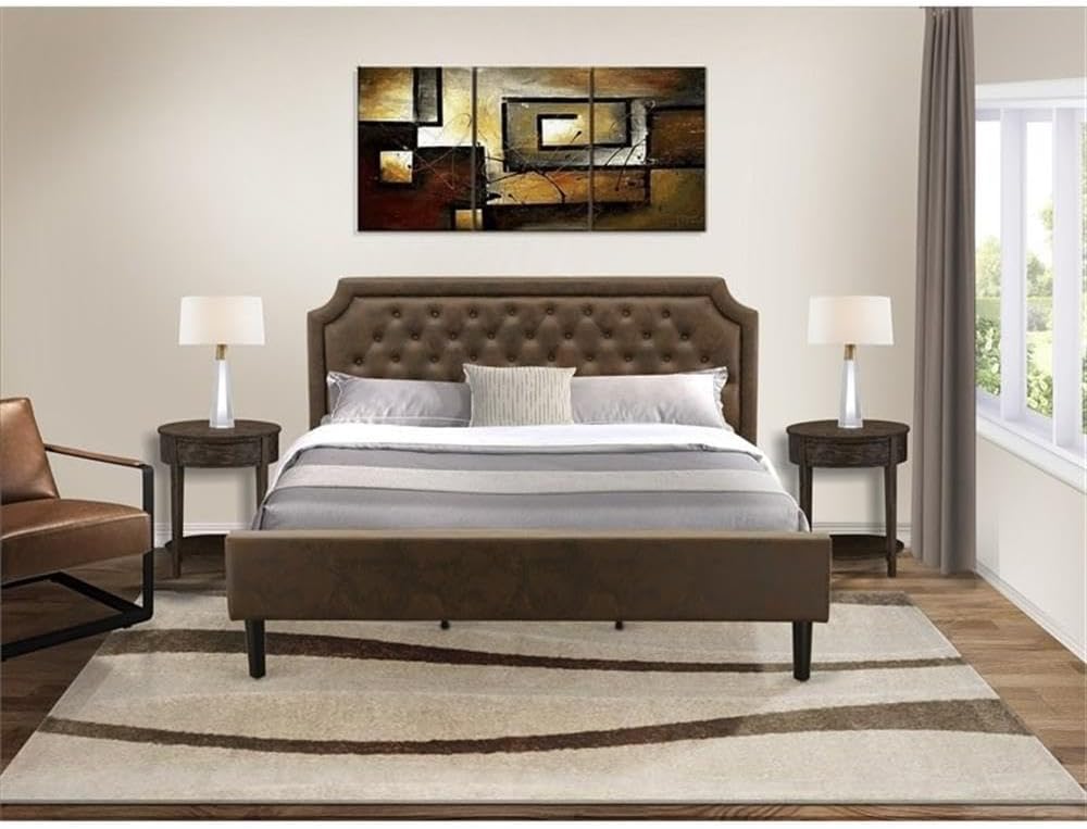 Pemberly Row 3-Piece King Bedroom Set, Engineered Wood and Faux Leather, Brown/Jacobean Finish, Includes Upholstered Bed Frame and 2 Nightstands, Solid Wood Slats, Timeless Design for Master Bedroom