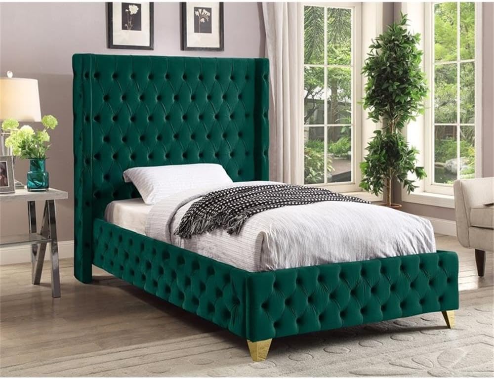 Meridian Furniture SavanGreen-T Savan Collection Modern | Contemporary Velvet Upholstered Bed with Deep Button Tufting in Gold or Chrome Finish, 50' W x 81' D x 56' H, Green, Twin