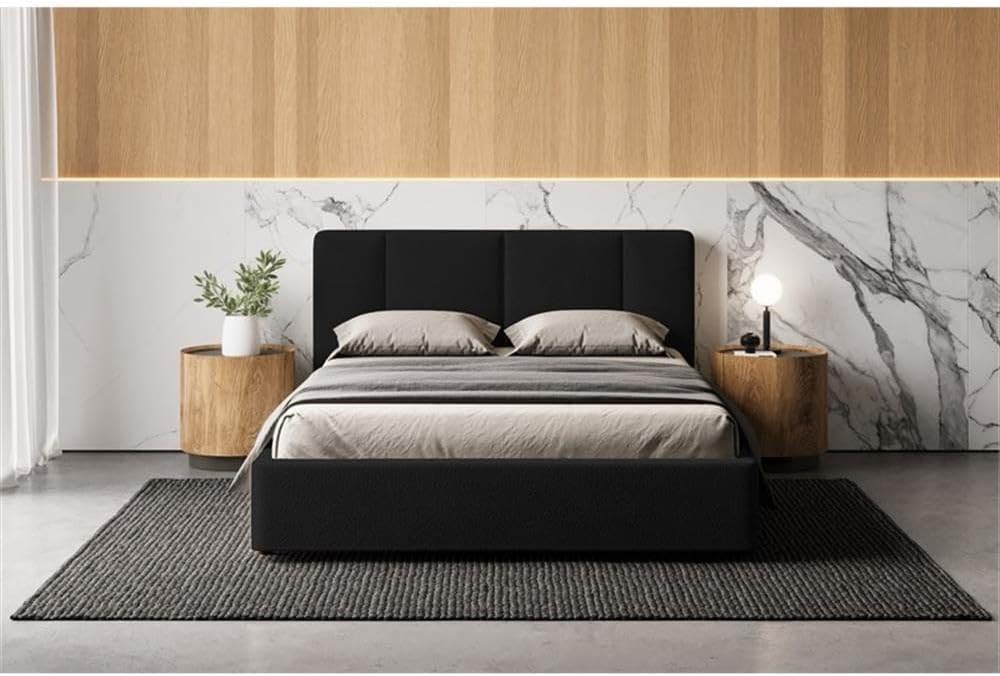 Venice Upholstered Platform Bed | Box Spring Not Required | (Black Boucle, Queen Bed Frame)