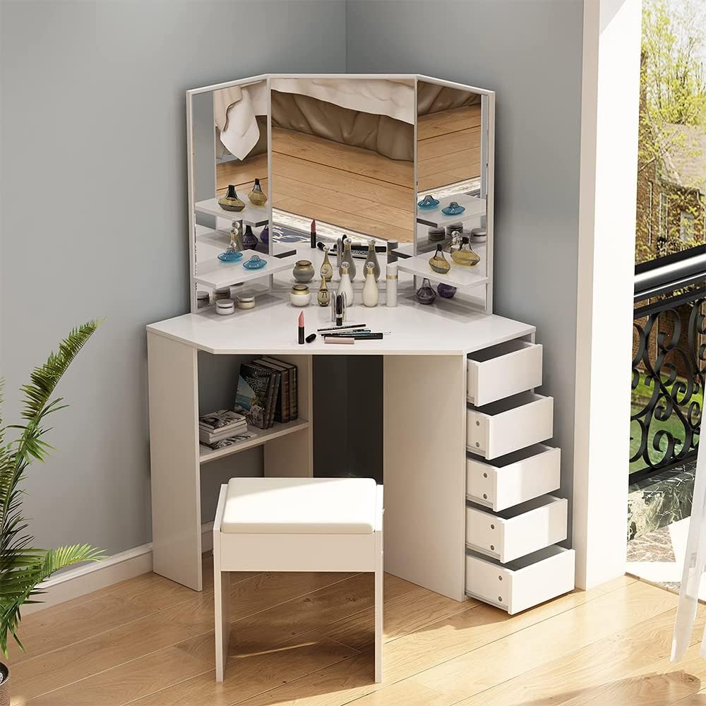 Corner Vanity Unit, Vanity Unit with Mirror Drawers, Modern Bedroom Corner Freestanding Floor-to-Ceiling Storage Unit with Shelves, Bench Not Included