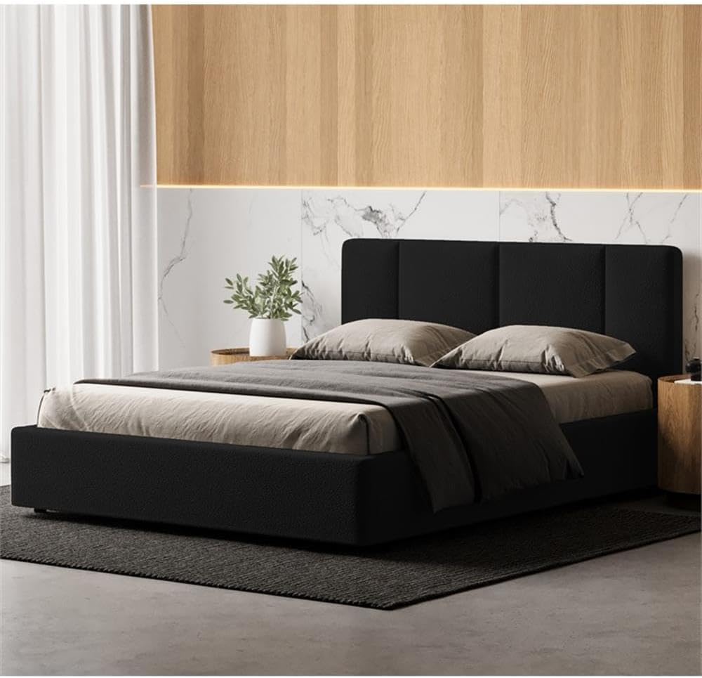 Venice Upholstered Platform Bed | Box Spring Not Required | (Black Boucle, Queen Bed Frame)